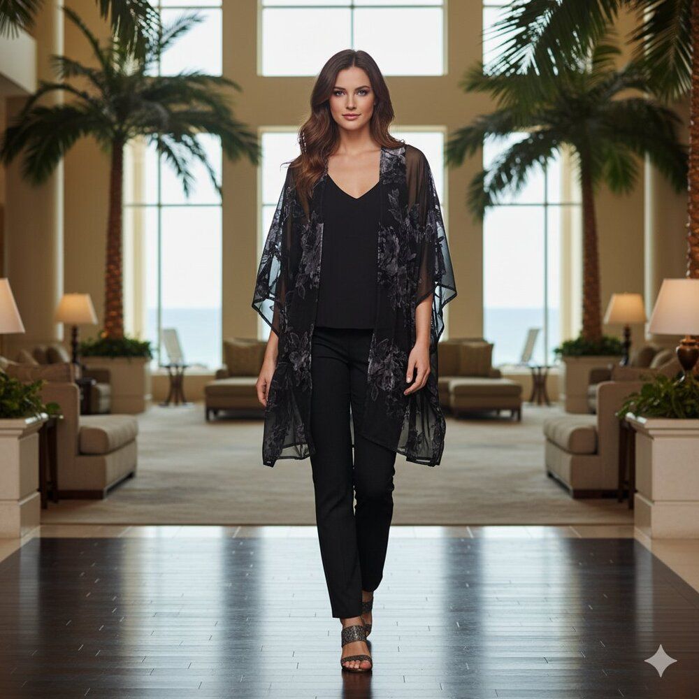 She + Sky Gray Floral Sheer Batwing Wrap Cardigan Kimono Small